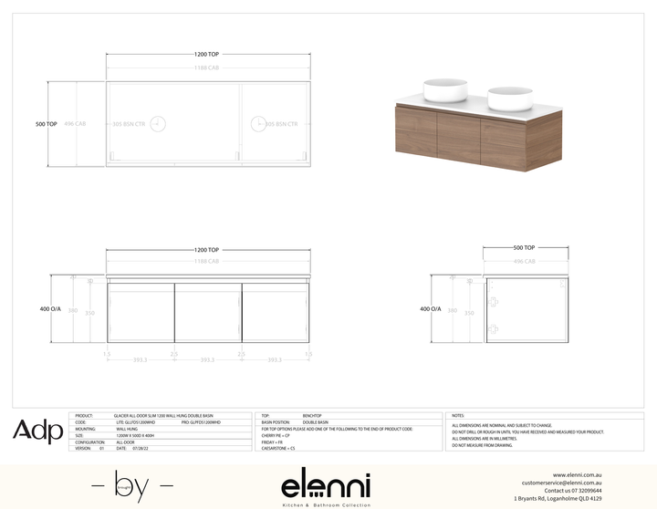 Glacier FD, All Door, 1200 Slim WH, Benchtop Double Bowl - Elenni specification drawing