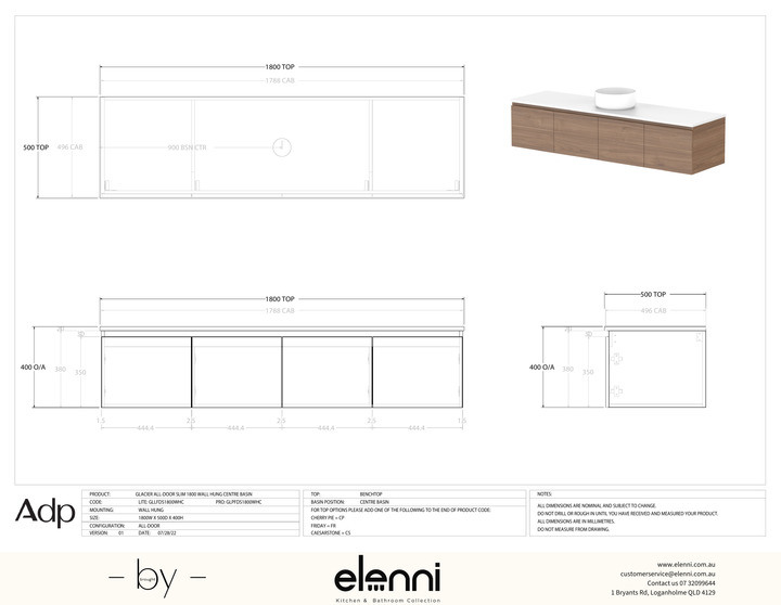 Glacier FD, All Door, 1800 Slim WH, Benchtop Centre Bowl - Elenni specification drawing