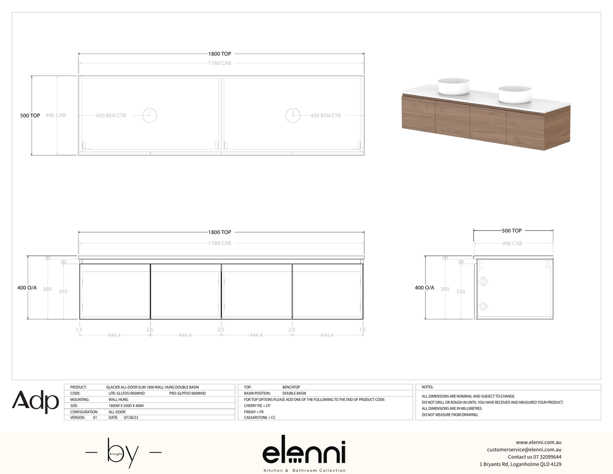Glacier FD, All Door, 1800 Slim WH, Benchtop Double Bowl - Elenni specification drawing