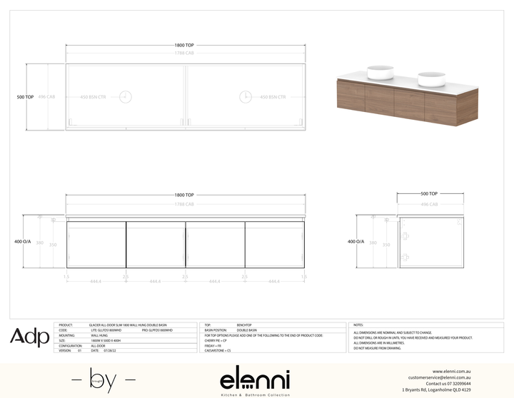 Glacier FD, All Door, 1800 Slim WH, Benchtop Double Bowl - Elenni specification drawing