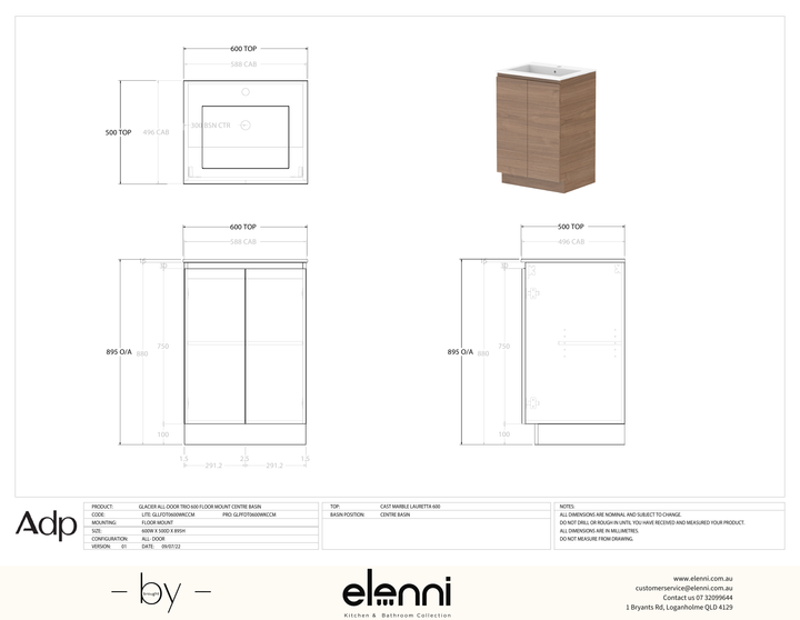 Glacier FD, All Door, 600 Trio FM, Cast Marble Centre Bowl - Elenni specification drawing