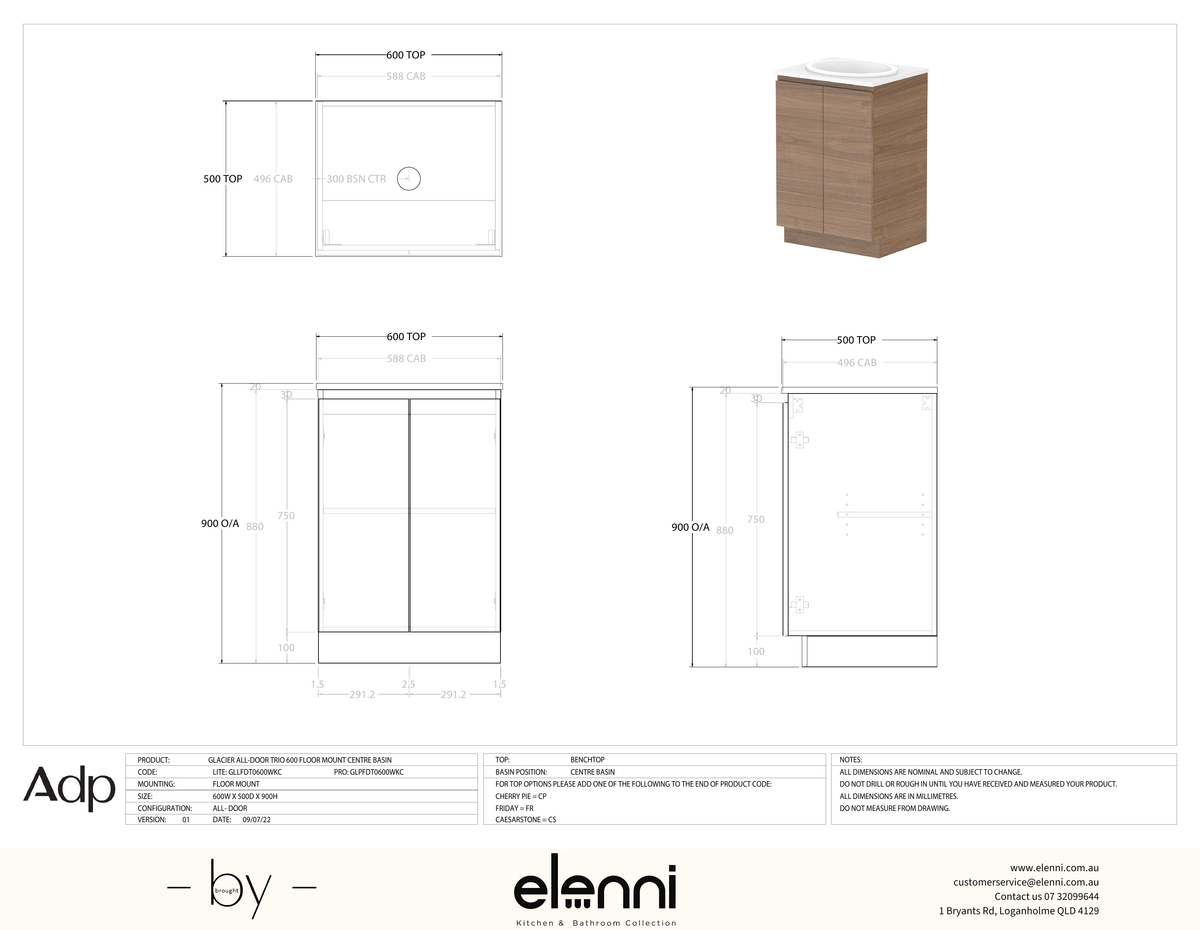 Glacier FD, All Door, 600 Trio FM, Benchtop Centre Bowl - Elenni specification drawing
