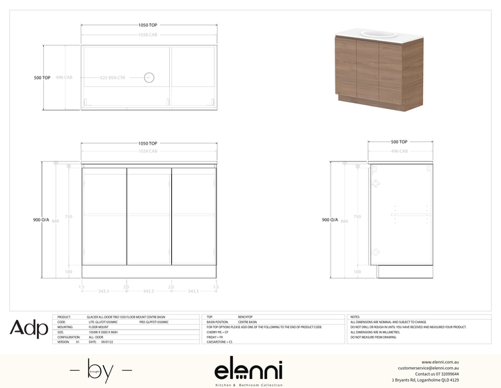 Glacier FD, All Door, 1050 Trio FM, Benchtop Centre Bowl - Elenni specification drawing