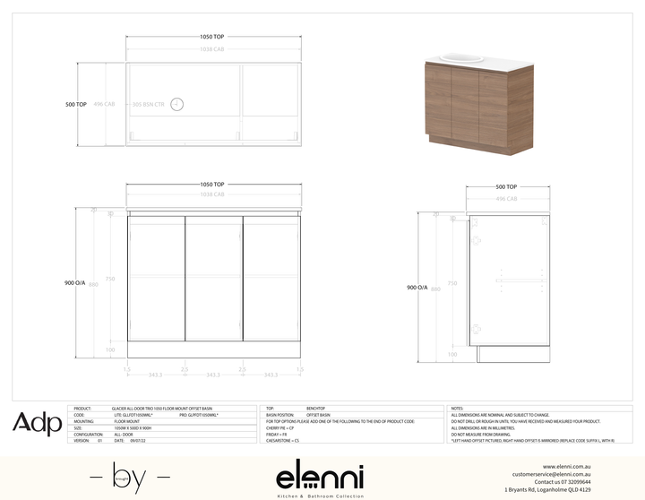 Glacier FD, All Door, 1050 Trio FM, Benchtop Offset Bowl - Elenni specification drawing