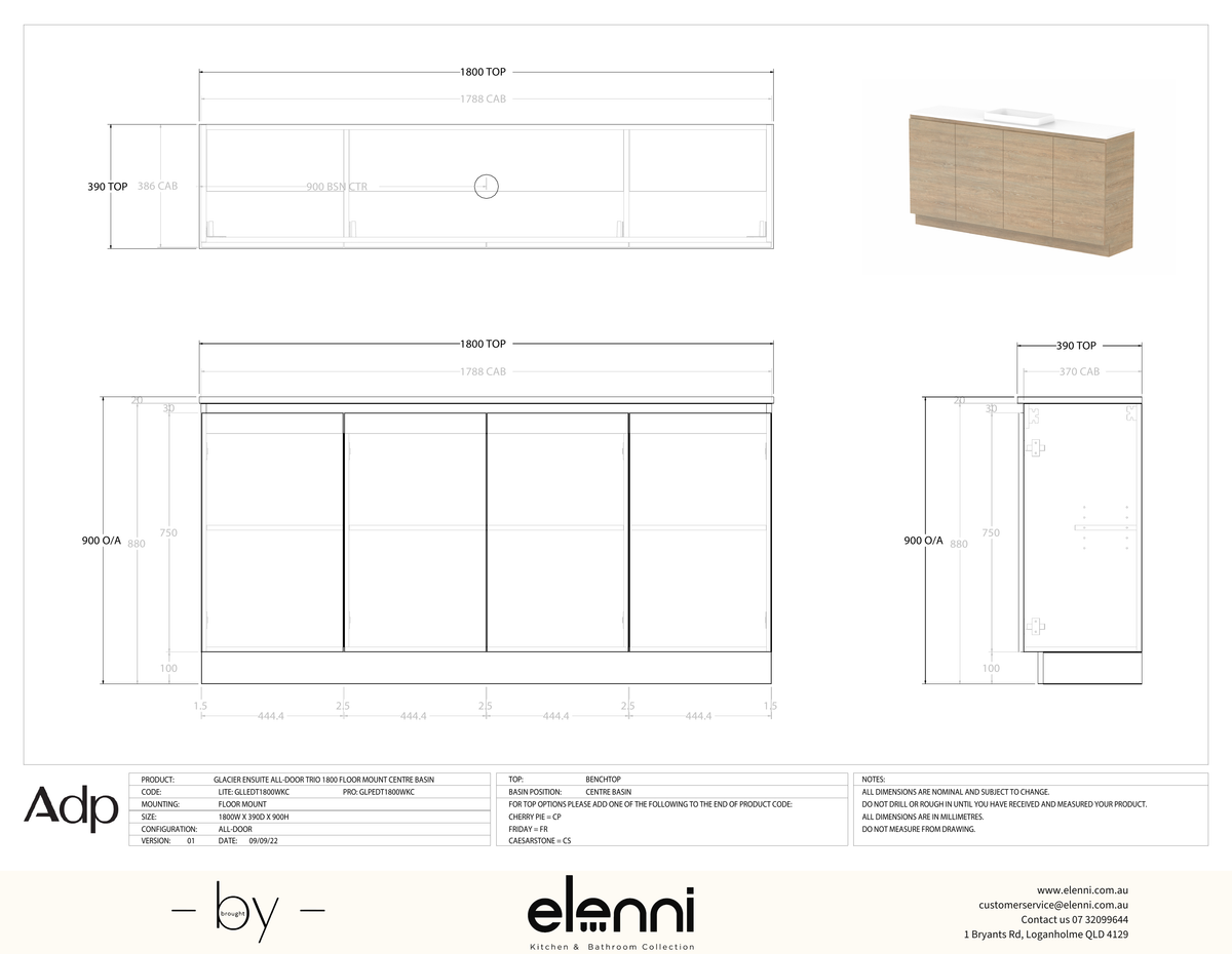 Glacier Ensuite, All-Door 1800 Trio FM, Benchtop Centre Bowl - Elenni specification drawing
