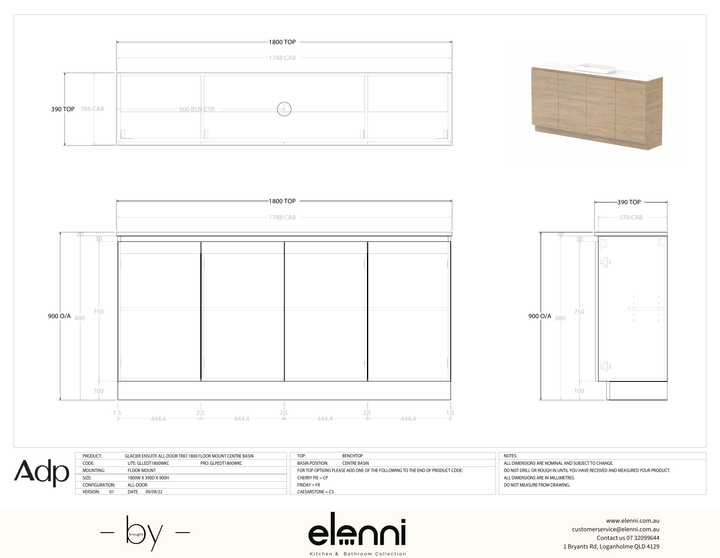 Glacier Ensuite, All-Door 1800 Trio FM, Benchtop Centre Bowl - Elenni specification drawing