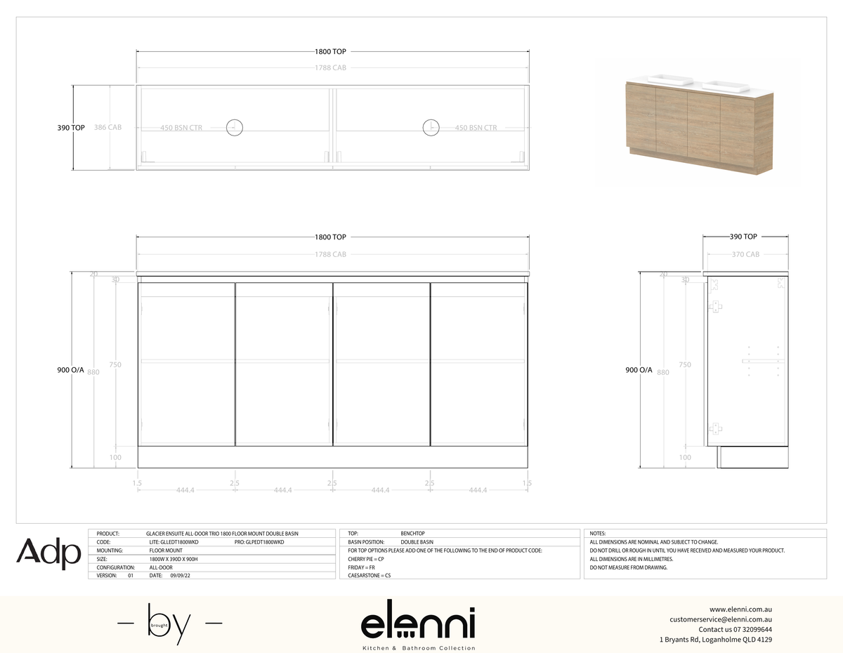 Glacier Ensuite, All-Door 1800 Trio FM, Benchtop Double Bowl - Elenni specification drawing