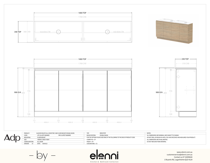 Glacier Ensuite, All-Door 1800 Trio FM, Benchtop Double Bowl - Elenni specification drawing