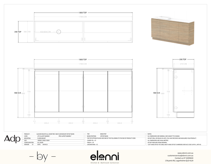 Glacier Ensuite, All-Door 1800 Trio FM, Benchtop Offset Bowl - Elenni specification drawing