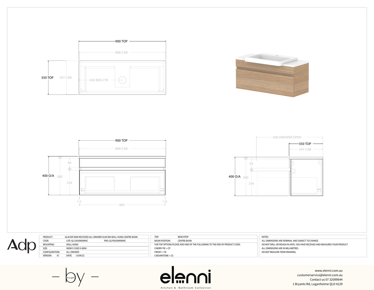 Glacier Semi-Recessed, All-Drawer 900 Slim WH, Benchtop Centre Bowl - Elenni specification drawing