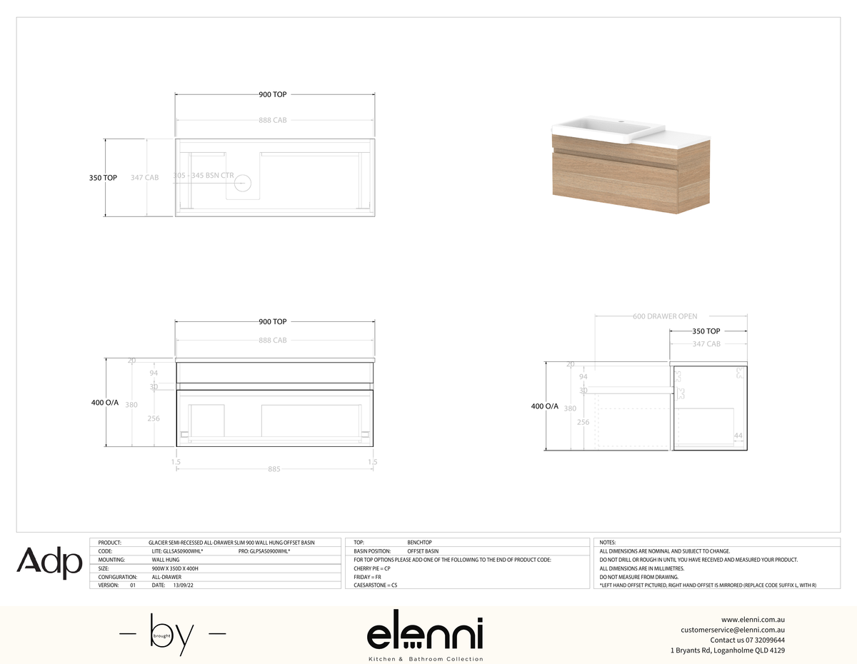 Glacier Semi-Recessed, All-Drawer 900 Slim WH, Benchtop Offset Bowl - Elenni specification drawing