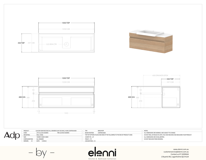 Glacier Semi-Recessed, All-Drawer 1050 Slim WH, Benchtop Centre Bowl - Elenni specification drawing