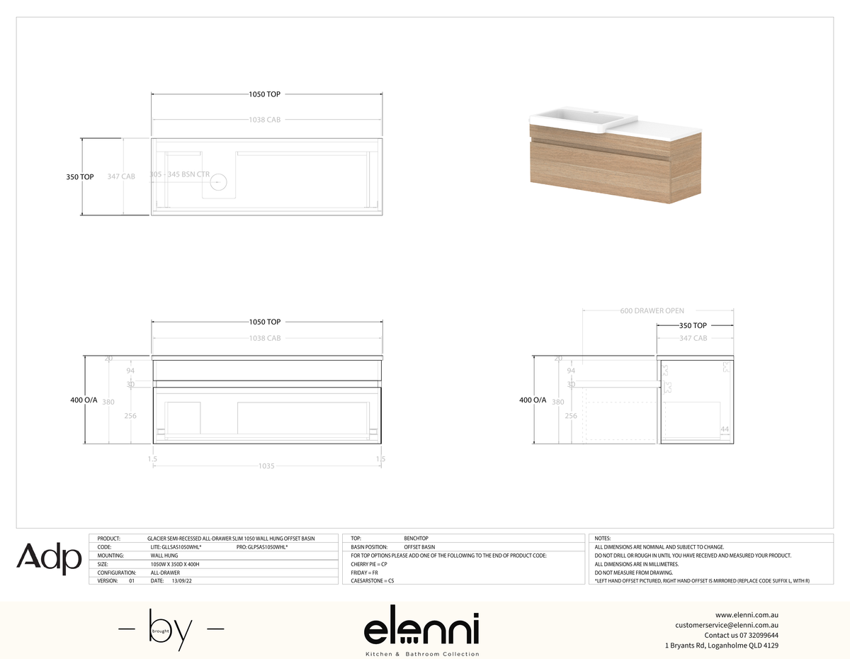 Glacier Semi-Recessed, All-Drawer 1050 Slim WH, Benchtop Offset Bowl - Elenni specification drawing