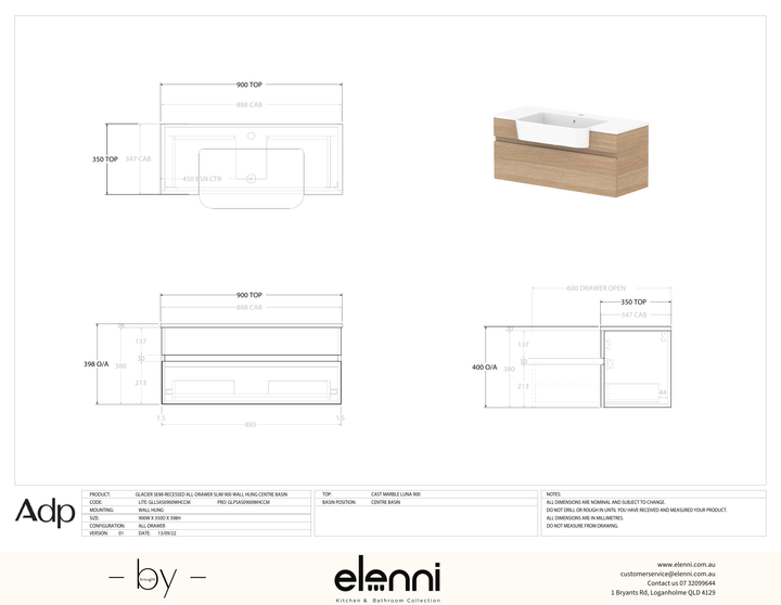 Glacier Semi-Recessed, All-Drawer 900 Slim WH, Cast Marble Centre Bowl - Elenni specification drawing