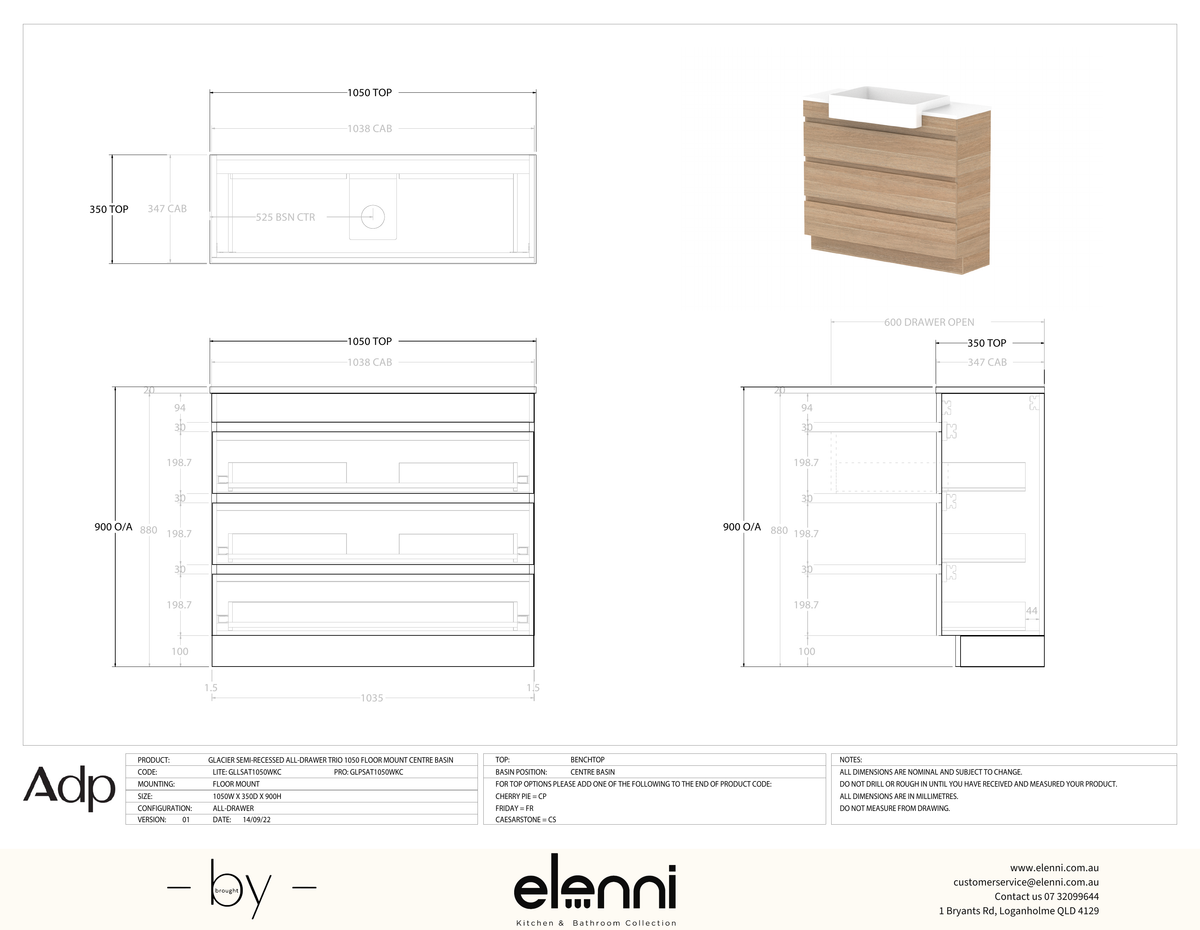 Glacier Semi-Recessed, All-Drawer 1050 Trio FM, Benchtop Centre Bowl - Elenni specification drawing