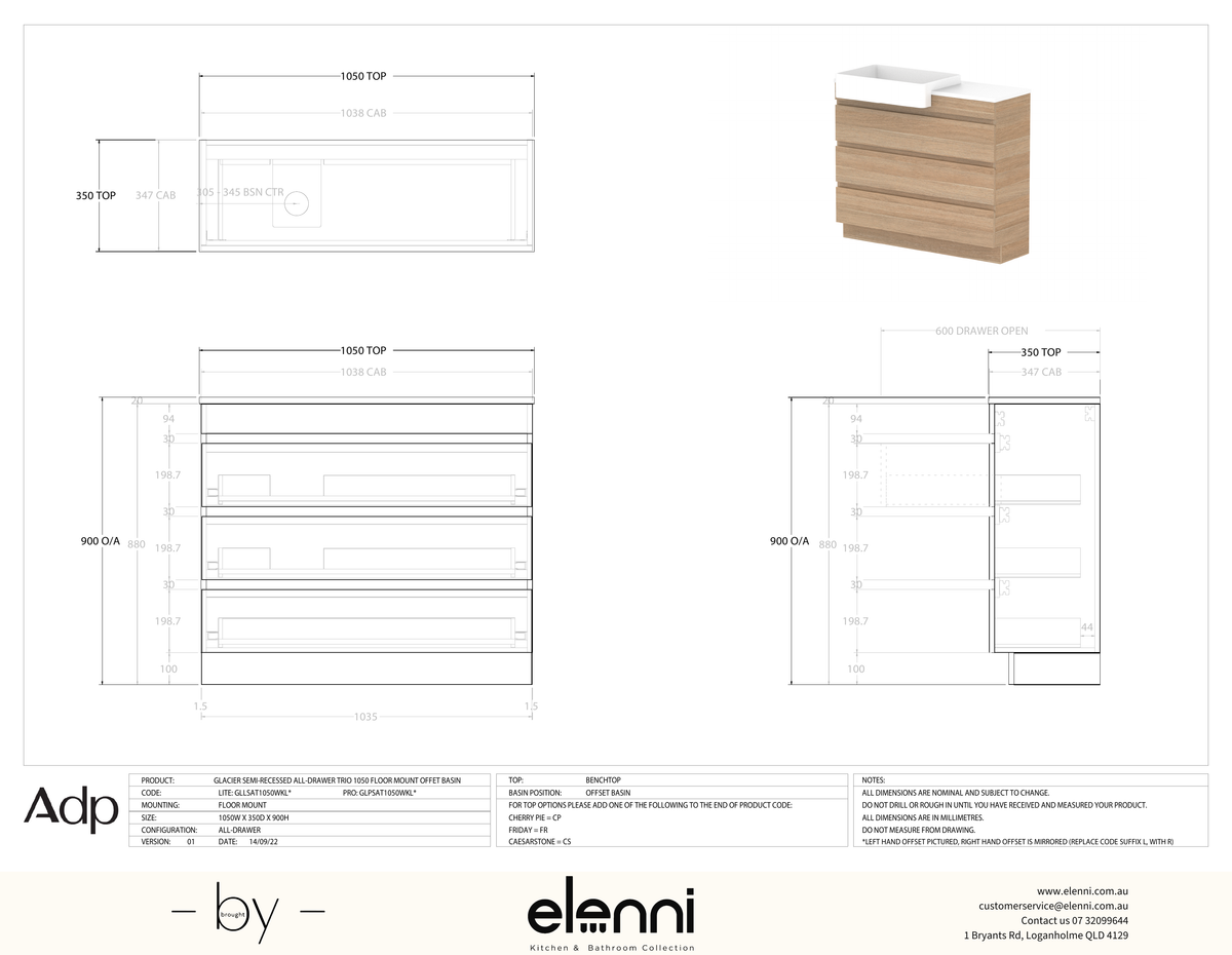 Glacier Semi-Recessed, All-Drawer 1050 Trio FM, Benchtop Offset Bowl - Elenni specification drawing