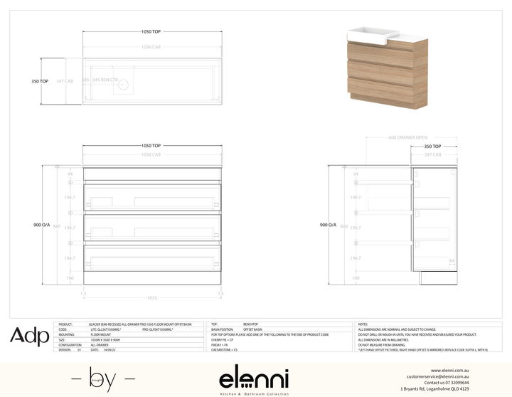 Glacier Semi-Recessed, All-Drawer 1050 Trio FM, Benchtop Offset Bowl - Elenni specification drawing