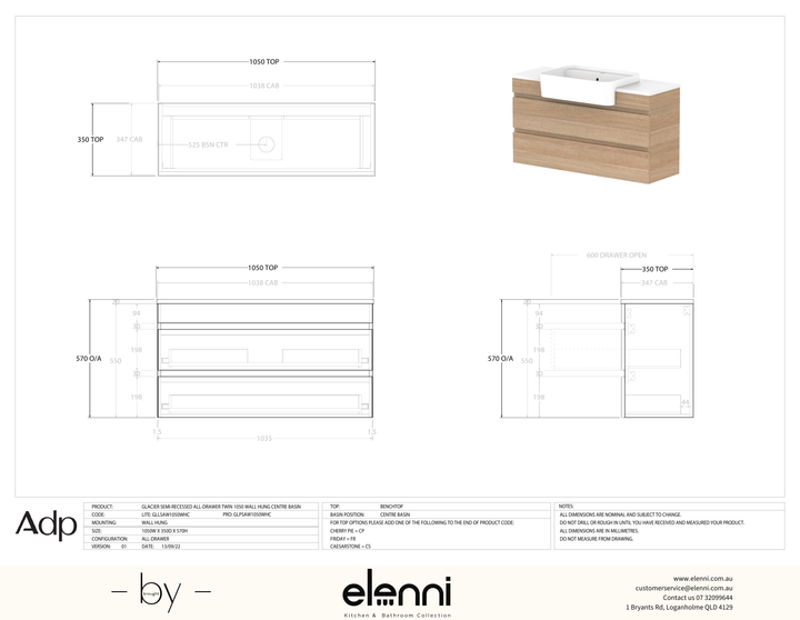 Glacier Semi-Recessed, All-Drawer 1050 Twin WH, Benchtop Centre Bowl - Elenni specification drawing