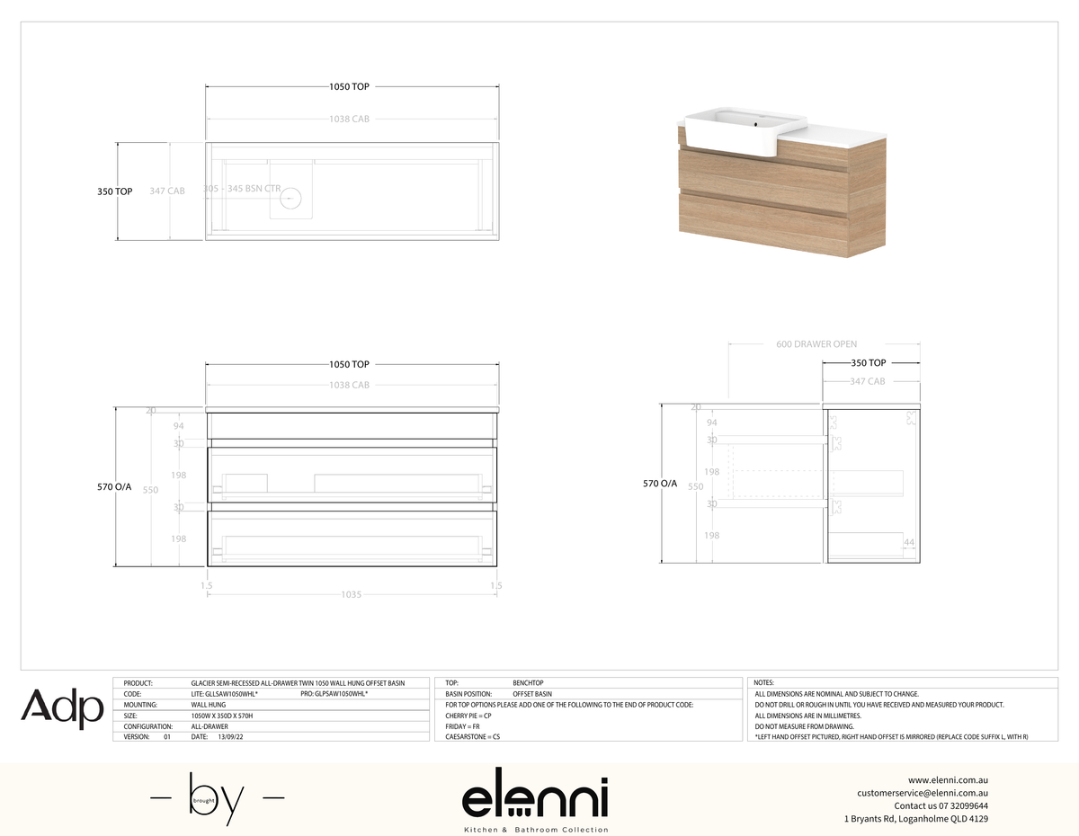 Glacier Semi-Recessed, All-Drawer 1050 Twin WH, Benchtop Offset Bowl - Elenni specification drawing