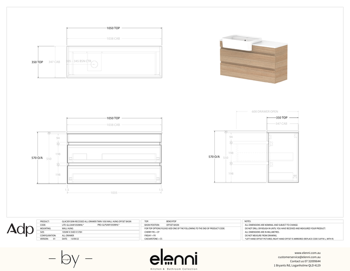 Glacier Semi-Recessed, All-Drawer 1050 Twin WH, Benchtop Offset Bowl - Elenni specification drawing