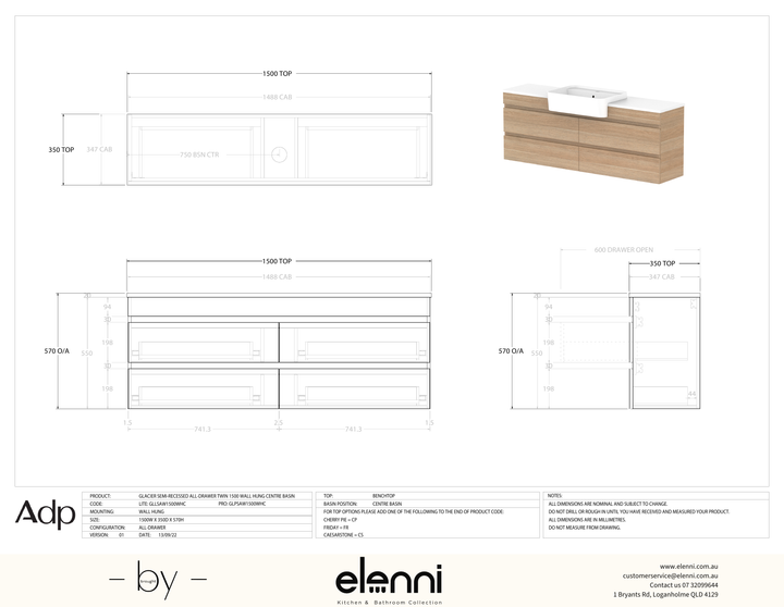 Glacier Semi-Recessed, All-Drawer 1500 Twin WH, Benchtop Centre Bowl - Elenni specification drawing