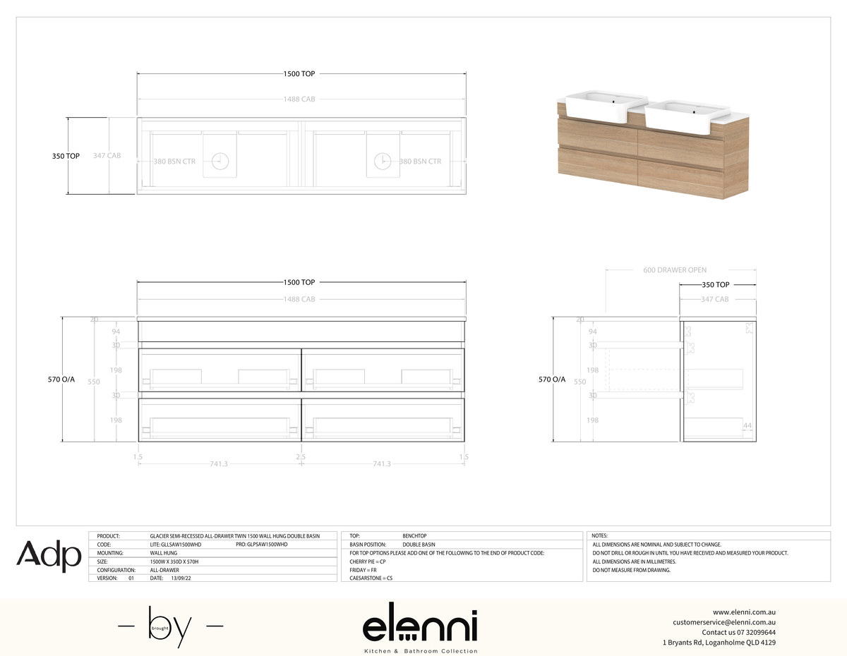 Glacier Semi-Recessed, All-Drawer 1500 Twin WH, Benchtop Double Bowl - Elenni specification drawing