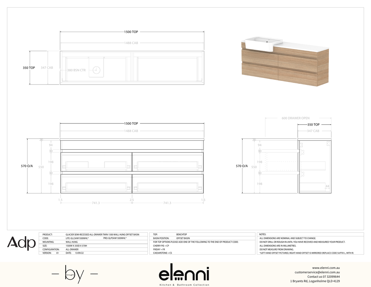 Glacier Semi-Recessed, All-Drawer 1500 Twin WH, Benchtop Offset Bowl - Elenni specification drawing