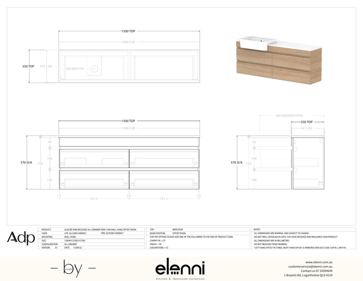 Glacier Semi-Recessed, All-Drawer 1500 Twin WH, Benchtop Offset Bowl - Elenni specification drawing