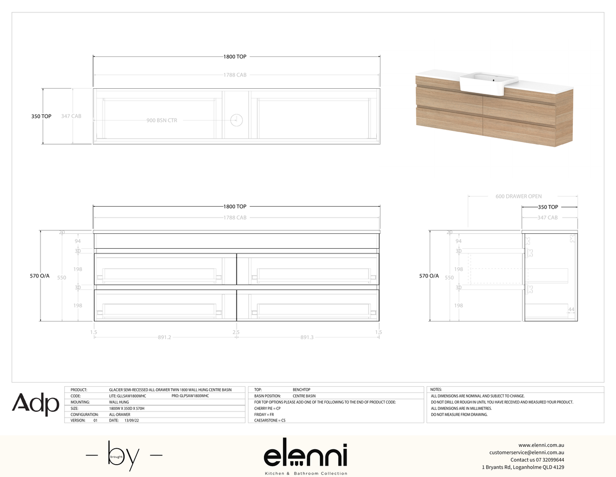 Glacier Semi-Recessed, All-Drawer 1800 Twin WH, Benchtop Centre Bowl - Elenni specification drawing