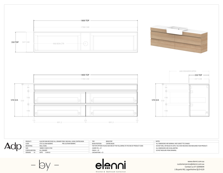 Glacier Semi-Recessed, All-Drawer 1800 Twin WH, Benchtop Centre Bowl - Elenni specification drawing