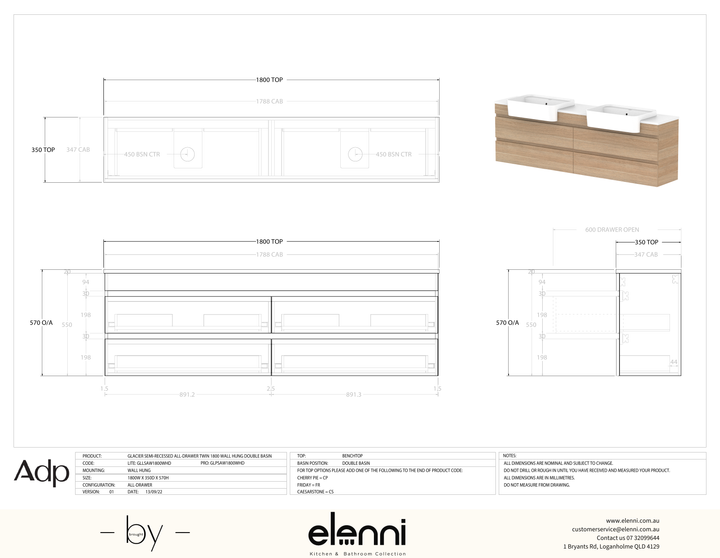 Glacier Semi-Recessed, All-Drawer 1800 Twin WH, Benchtop Double Bowl - Elenni specification drawing