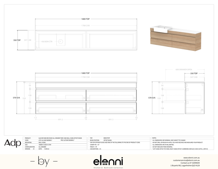 Glacier Semi-Recessed, All-Drawer 1800 Twin WH, Benchtop Offset Bowl - Elenni specification drawing