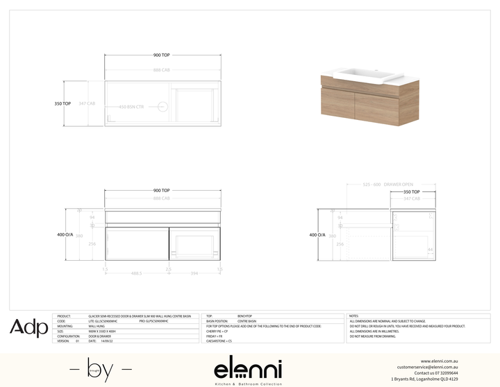 Glacier Semi-Recessed, Door &amp; Drawer 900 Slim WH, Benchtop Centre Bowl - Elenni specification drawing