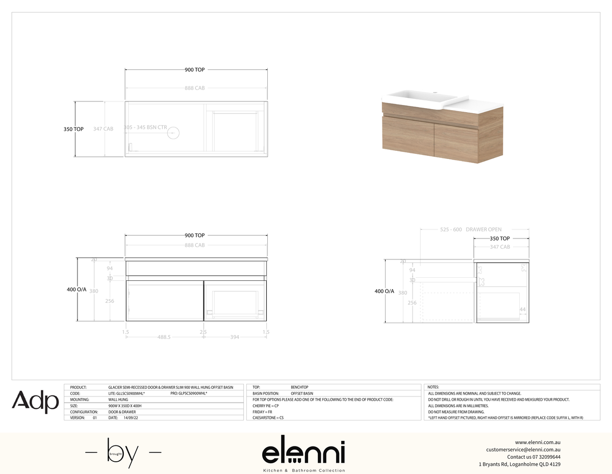 Glacier Semi-Recessed, Door &amp; Drawer 900 Slim WH, Benchtop Offset Bowl - Elenni specification drawing