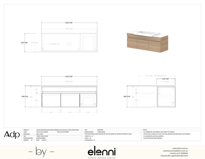 Glacier Semi-Recessed, Door &amp; Drawer 1050 Slim WH, Benchtop Centre Bowl - Elenni specification drawing