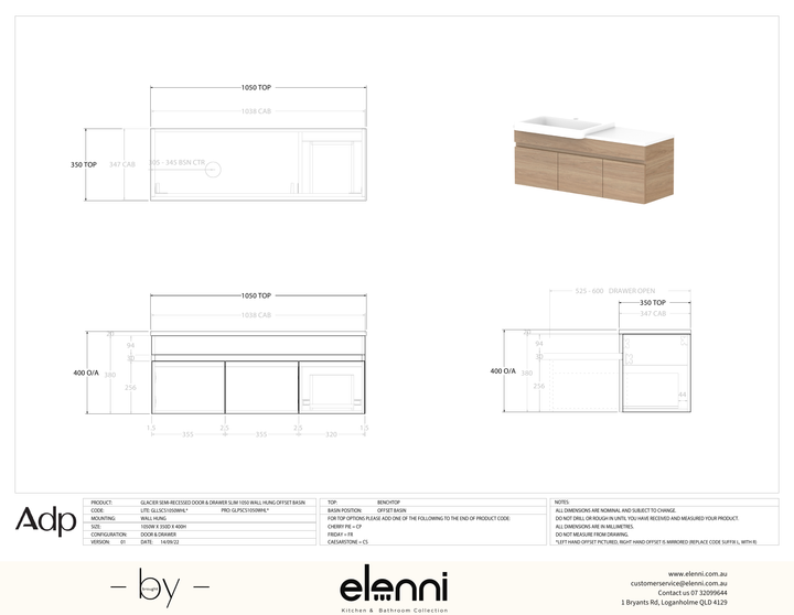Glacier Semi-Recessed, Door &amp; Drawer 1050 Slim WH, Benchtop Offset Bowl - Elenni specification drawing