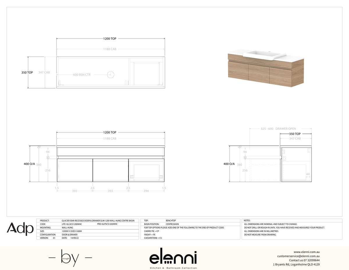 Glacier Semi-Recessed, Door &amp; Drawer 1200 Slim WH, Benchtop Centre Bowl - Elenni specification drawing