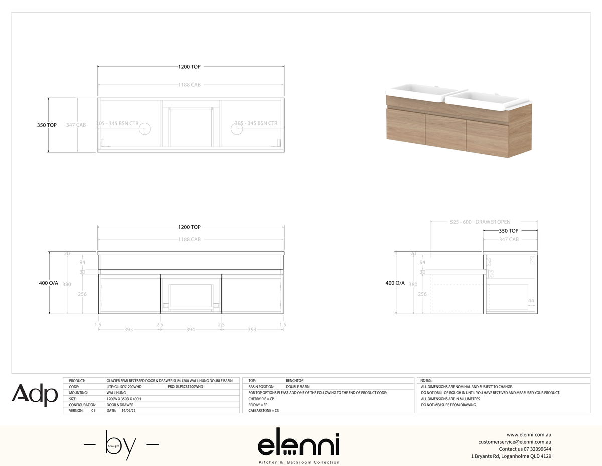 Glacier Semi-Recessed, Door &amp; Drawer 1200 Slim WH, Benchtop Double Bowl - Elenni specification drawing