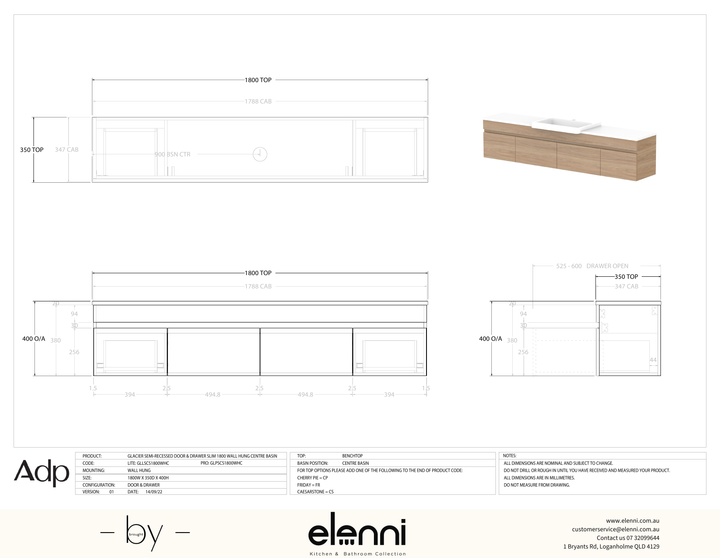 Glacier Semi-Recessed, Door &amp; Drawer 1800 Slim WH, Benchtop Centre Bowl - Elenni specification drawing