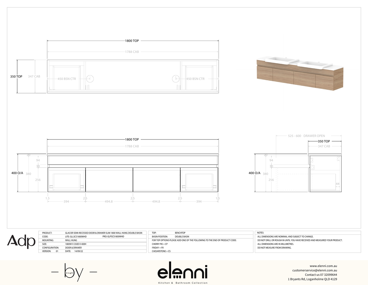 Glacier Semi-Recessed, Door &amp; Drawer 1800 Slim WH, Benchtop Double Bowl - Elenni specification drawing