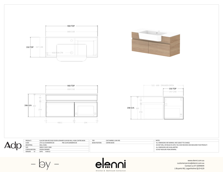 Glacier Semi-Recessed, Door &amp; Drawer 900 Slim WH, Cast Marble Centre Bowl - Elenni specification drawing