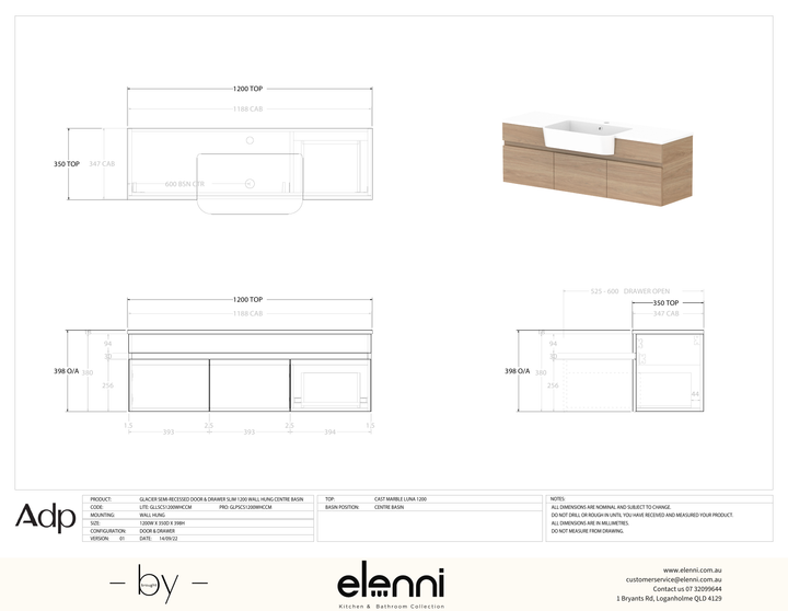 Glacier Semi-Recessed, Door &amp; Drawer 1200 Slim WH, Cast Marble Centre Bowl - Elenni specification drawing