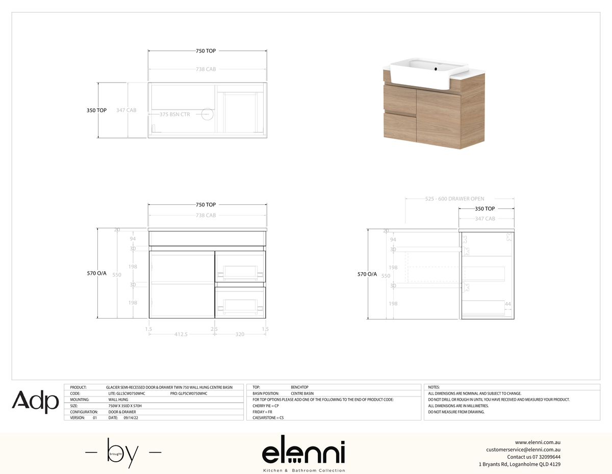 Glacier Semi-Recessed, Door &amp; Drawer 750 Twin WH, Benchtop Centre Bowl - Elenni specification drawing