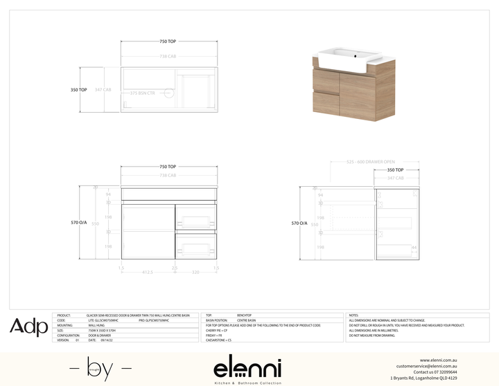 Glacier Semi-Recessed, Door &amp; Drawer 750 Twin WH, Benchtop Centre Bowl - Elenni specification drawing