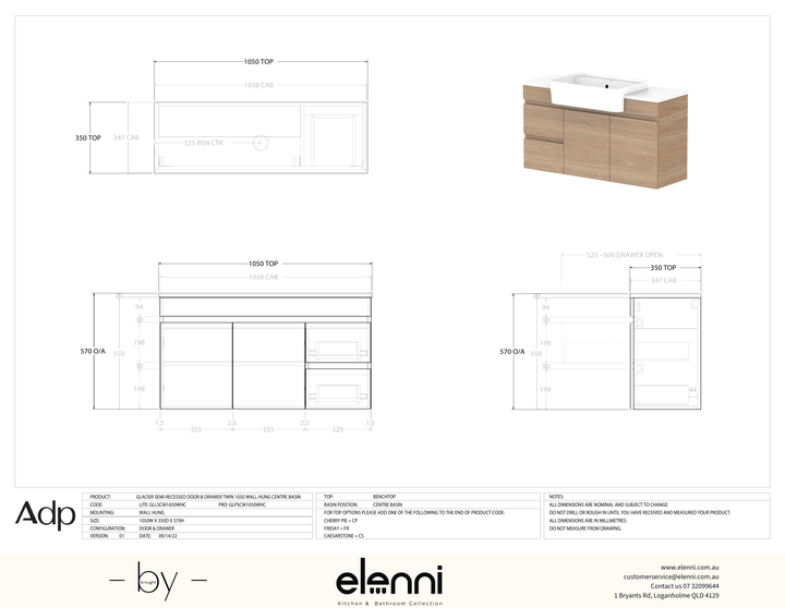 Glacier Semi-Recessed, Door &amp; Drawer 1050 Twin WH, Benchtop Centre Bowl - Elenni specification drawing