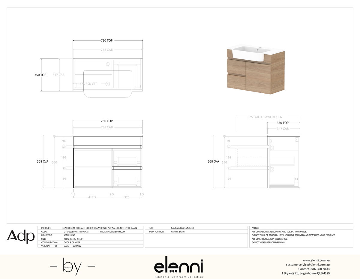 Glacier Semi-Recessed, Door &amp; Drawer 750 Twin WH, Cast Marble Centre Bowl - Elenni specification drawing