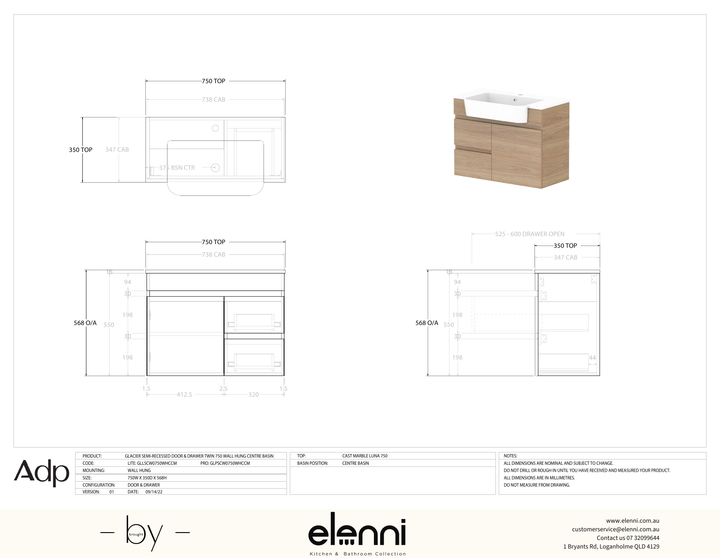 Glacier Semi-Recessed, Door &amp; Drawer 750 Twin WH, Cast Marble Centre Bowl - Elenni specification drawing