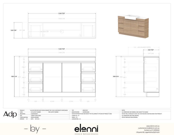 Glacier Semi-Recessed, Door &amp; Drawer 1500 Trio FM, Benchtop Centre Bowl - Elenni specification drawing