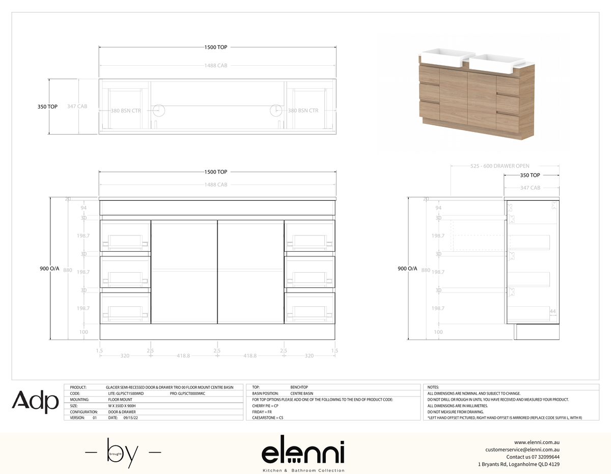 Glacier Semi-Recessed, Door &amp; Drawer 1500 Trio FM, Benchtop Double Bowl - Elenni specification drawing