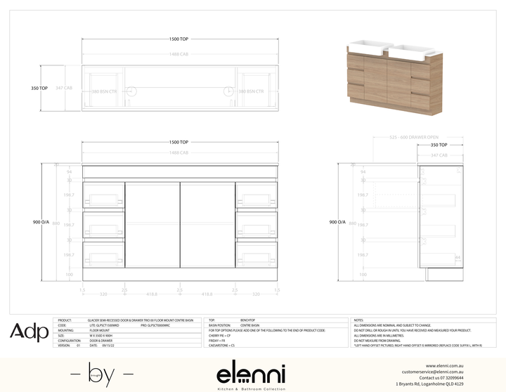 Glacier Semi-Recessed, Door &amp; Drawer 1500 Trio FM, Benchtop Double Bowl - Elenni specification drawing